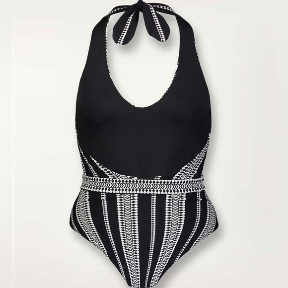 Lemlem x Free People XS Belted Deep-V Black Striped Halter 1Pc Swimsuit Morocco - Picture 4 of 13